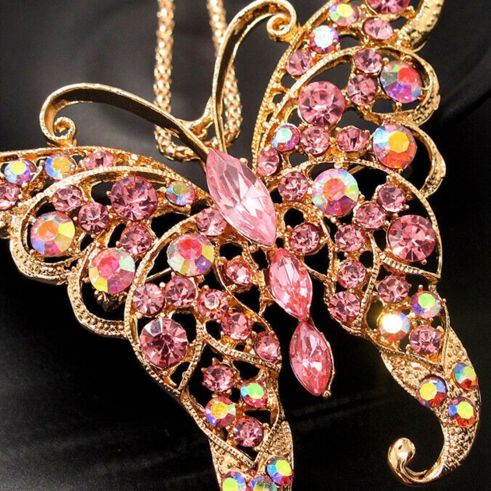 Barbiecore PINK Sparkly Crystal Rhinestone BUTTERFLY Gold PIN Pendant Necklace - Picture 3 of 11
